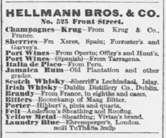 Hellmann Bros. & Co. No 525 Front Street advertisement